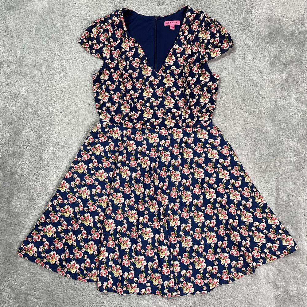 Betsey Johnson Fit & Flare Dress Womens 12 Blue Floral V Neck Flutter Sleeve
